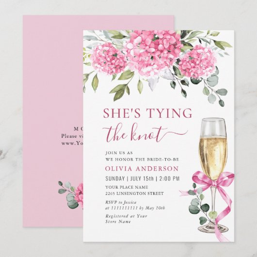 水彩ピンクの紫陽花 ブライダルシャワー 招待状 (正面/裏面)