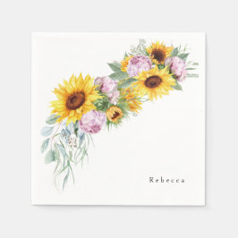 水彩ピンクの芍薬とひまわり ブライダルシャワー スタンダードカクテルナプキン