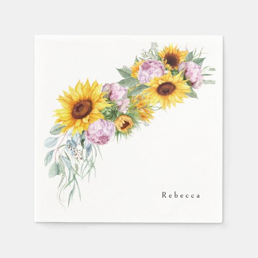 水彩ピンクの芍薬とひまわり ブライダルシャワー スタンダードカクテルナプキン (正面)