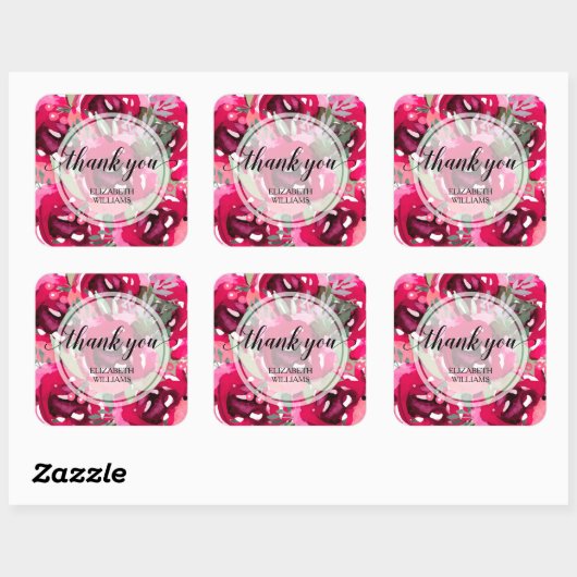 水彩ピンクの花ありがとう スクエアシール (シート)