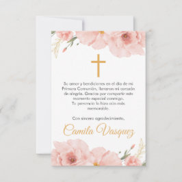 水彩ピンクの花かわいい最初の聖餐式 サンキューカード