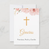 水彩ピンクの花かわいい最初の聖餐式 サンキューカード (裏面)