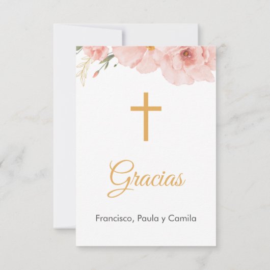 水彩ピンクの花かわいい最初の聖餐式 サンキューカード (裏面)