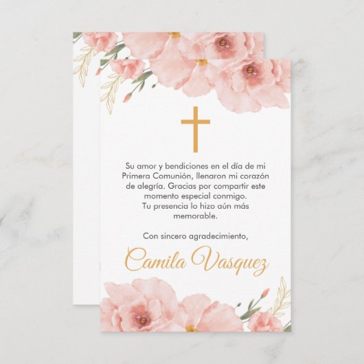 水彩ピンクの花かわいい最初の聖餐式 サンキューカード (正面/裏面)