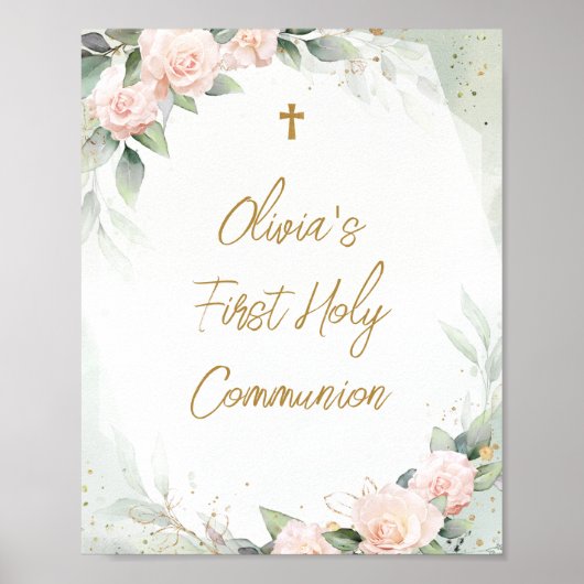 水彩ピンクの花が最初の聖餐式を交差 ポスター (正面)