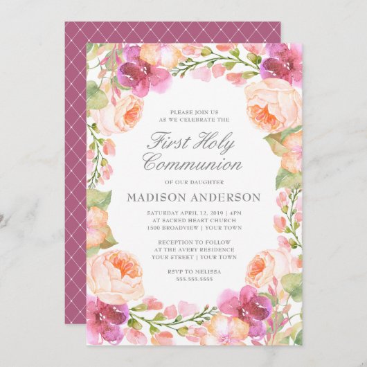 水彩ピンクの花が第1回聖餐式 招待状 (正面/裏面)