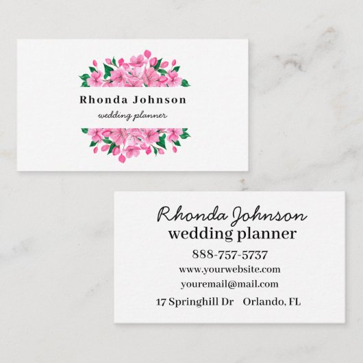 水彩ピンクの花さくらんぼ花フローラ 名刺 (正面/裏面)