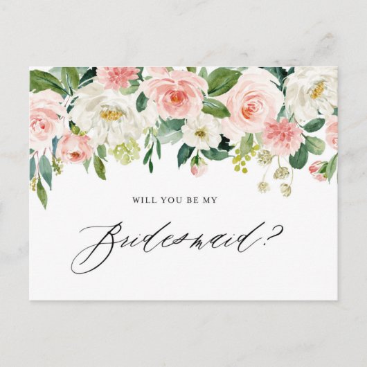 水彩ピンクの花たち　あなたは私のブライズメイドになってくれる？ インビテーションポストカード (正面)