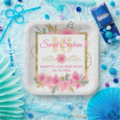 水彩ピンクの花とゴールドフォイルSweet sixteen ペーパープレート (パーティー)