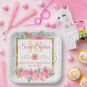 水彩ピンクの花とゴールドフォイルSweet sixteen ペーパープレート (パーティー)