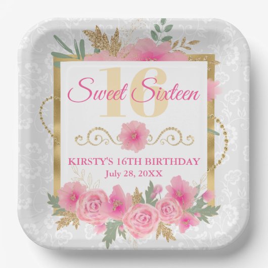 水彩ピンクの花とゴールドフォイルSweet sixteen ペーパープレート (正面)