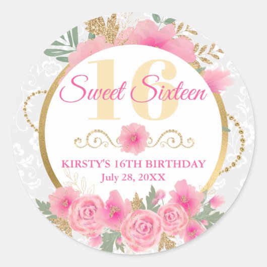 水彩ピンクの花とゴールドフォイルSweet sixteen ラウンドシール (正面)