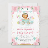 水彩ピンクの花とライオンのベビーシャワー 招待状 (正面)