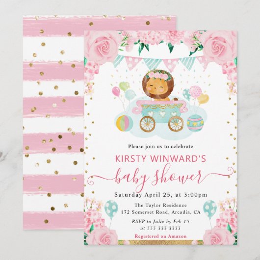 水彩ピンクの花とライオンのベビーシャワー 招待状 (正面/裏面)