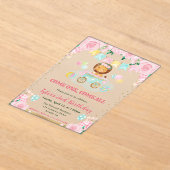 水彩ピンクの花とライオンの子供の誕生日 アクリル招待状 (レイダウン)