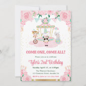 水彩ピンクの花と動物の誕生日パーティー 招待状 (正面)