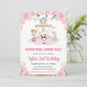 水彩ピンクの花と動物の誕生日パーティー 招待状 (スタンド正面)
