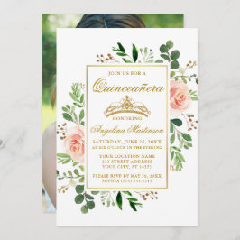 水彩ピンクの花と緑のキンチャネラの写真 招待状