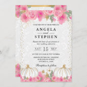 水彩ピンクの花と落ちるパンプキン ウェディング 招待状 (正面/裏面)