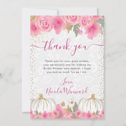 水彩ピンクの花と落ち葉のパンプキン ブライダルシャワー サンキューカード (正面)