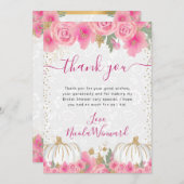 水彩ピンクの花と落ち葉のパンプキン ブライダルシャワー サンキューカード (正面/裏面)