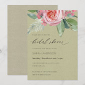 水彩ピンクの花と葉のブライダルシャワー 招待状 (正面/裏面)