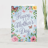 水彩ピンクの花と蝶の母の日 カード (正面)