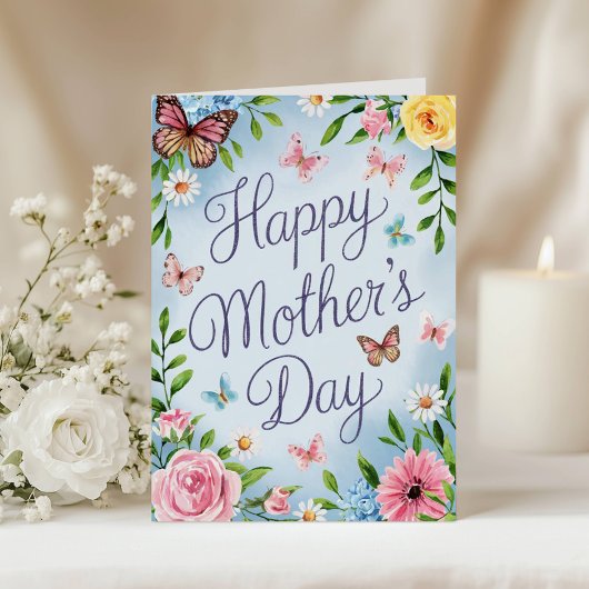 水彩ピンクの花と蝶の母の日 カード