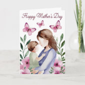 水彩ピンクの花と蝶の母の日 カード (正面)