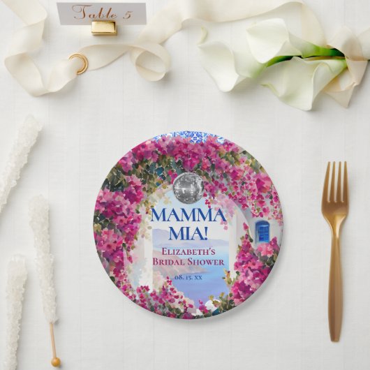 水彩ピンクの花と青いタイルのディスコボール ペーパープレート (ウェディング)