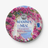 水彩ピンクの花と青いタイルのディスコボール ペーパープレート (正面)