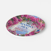 水彩ピンクの花と青いタイルのディスコボール ペーパープレート (アングル)