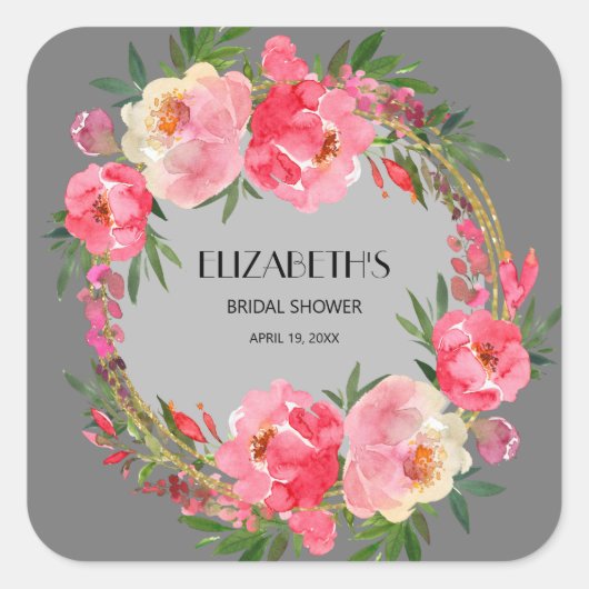 水彩ピンクの花のウェディングシャワー スクエアシール (正面)