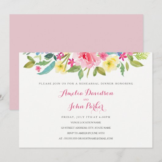 水彩ピンクの花のウェディングリハーサルディナー 招待状 (正面/裏面)