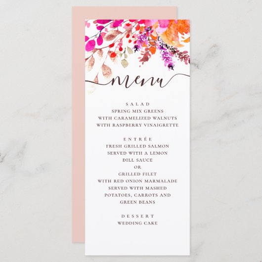 水彩ピンクの花のウェディング。ガーデンボタニカル メニュー (正面/裏面)