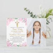 水彩ピンクの花のファーストホーリーコミュニオン写真 招待状 (スタンド正面)