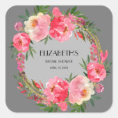 水彩ピンクの花のブライダルシャワー スクエアシール (正面)