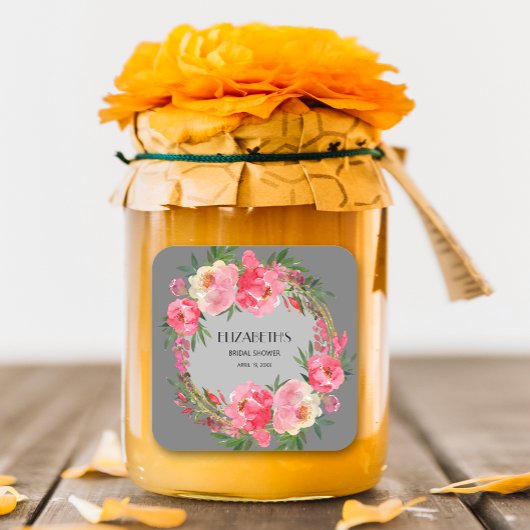 水彩ピンクの花のブライダルシャワー スクエアシール