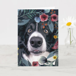 水彩ピンクの花のボーダーコリー犬 カード
