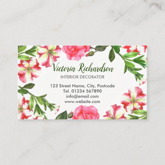 水彩ピンクの花の円リース配置 名刺 (裏面)