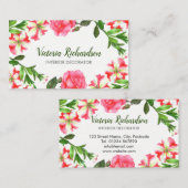 水彩ピンクの花の円リース配置 名刺 (正面/裏面)