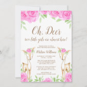 水彩ピンクの花の双子の女の子鹿のベビーシャワー 招待状 (正面)