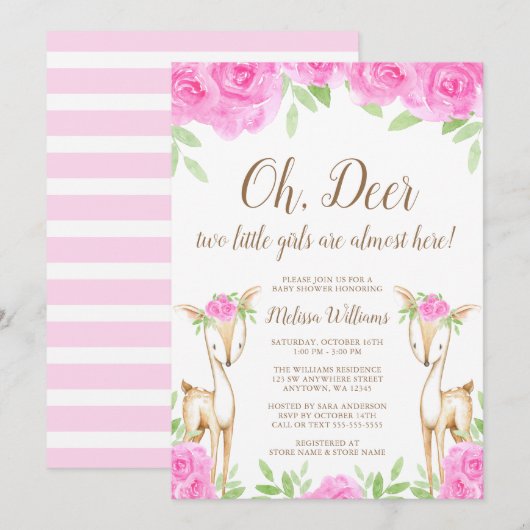 水彩ピンクの花の双子の女の子鹿のベビーシャワー 招待状 (正面/裏面)