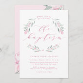 水彩ピンクの花の女の子の洗礼招待状 招待状 (正面/裏面)