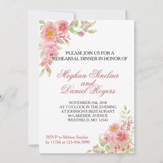 水彩ピンクの花の彩彩の前夜祭招待状 招待状 (正面)