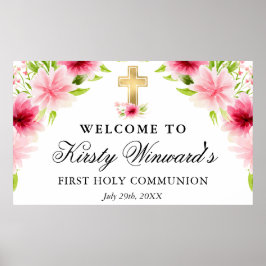 水彩ピンクの花の最初の聖餐式 ポスター