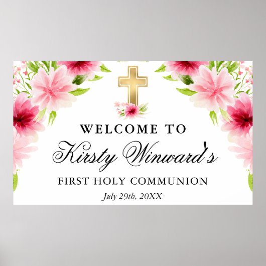 水彩ピンクの花の最初の聖餐式 ポスター (正面)