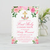水彩ピンクの花の最初の聖餐式 招待状 (スタンド正面)