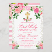 水彩ピンクの花の最初の聖餐式 招待状 (正面/裏面)