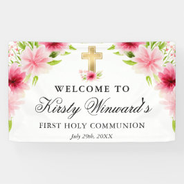 水彩ピンクの花の最初の聖餐式 横断幕